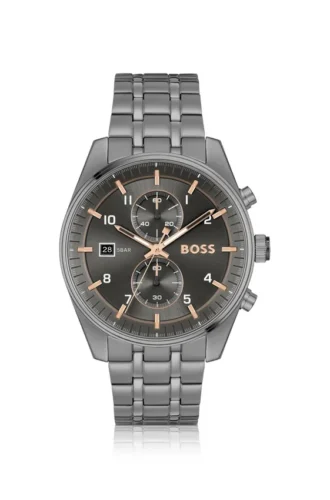 Grau beschichtete Chronographenuhr mit goldfarbenen Details