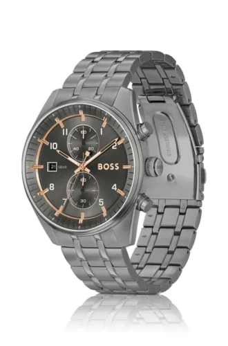 Grau beschichtete Chronographenuhr mit goldfarbenen Details