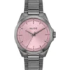 Grau beschichtete Uhr mit rosa strukturiertem Zifferblatt