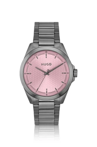 Grau beschichtete Uhr mit rosa strukturiertem Zifferblatt