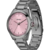 Grau beschichtete Uhr mit rosa strukturiertem Zifferblatt