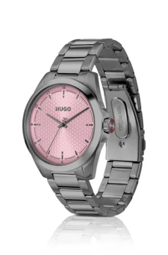 Grau beschichtete Uhr mit rosa strukturiertem Zifferblatt
