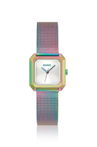 Haselnussbraune, schillernde Uhr mit quadratischem Zifferblatt und Mesh-Armband