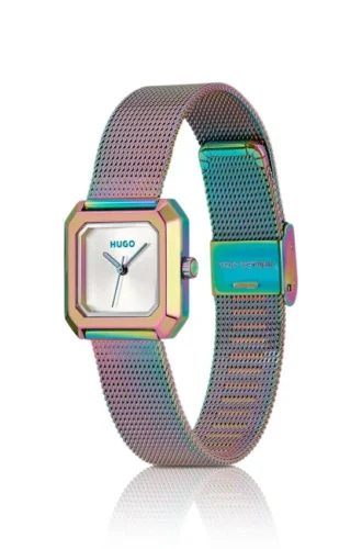 Haselnussbraune, schillernde Uhr mit quadratischem Zifferblatt und Mesh-Armband
