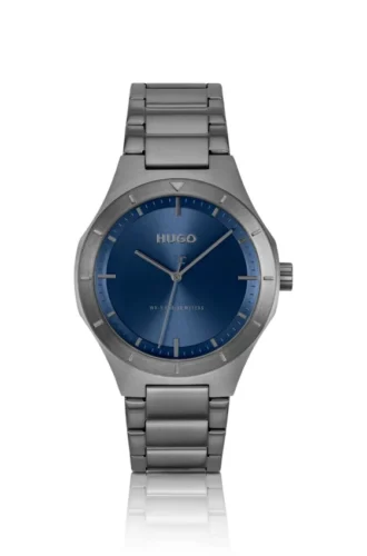 Hellgrau beschichtete Uhr mit blauem Zifferblatt