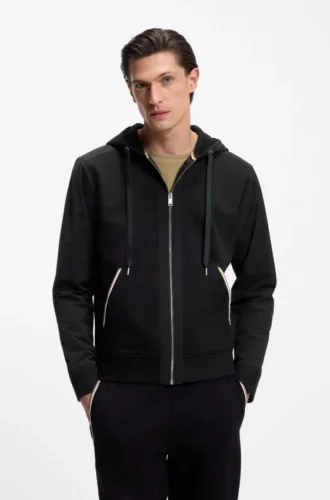Hoodie aus Baumwollfrottee mit Reißverschluss und charakteristischen Streifenbesätzen