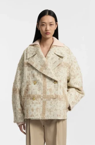 Karierter Jacquard-Mantel mit Zweireiher-Verschluss