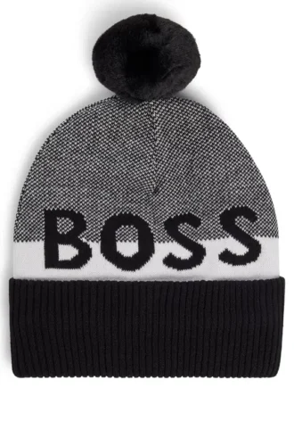 Kinder-Beanie mit Bommel und Jacquard-Logo