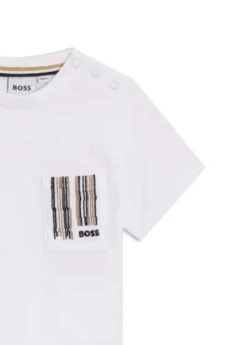 Kinder-T-Shirt aus Baumwolle mit Tasche im charakteristischen Streifenmuster