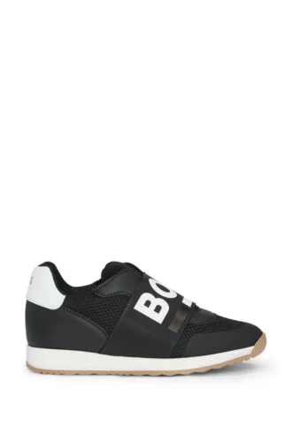 Kindersneaker aus Leder und Mesh mit elastischem Logo-Band