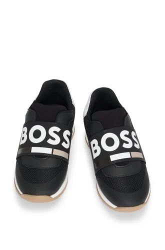 Kindersneaker aus Leder und Mesh mit elastischem Logo-Band