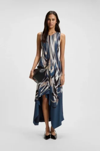 Kleid mit asymmetrischem Saum aus bedrucktem Twill