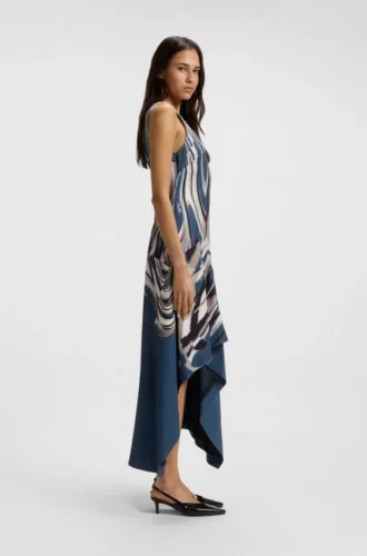 Kleid mit asymmetrischem Saum aus bedrucktem Twill