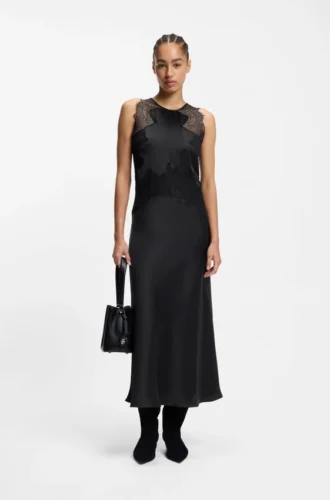 Kleid mit Spitzenbesatz aus Seersucker-Satin