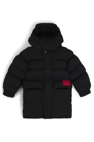 Lange Daunenjacke für Kinder mit rotem Logo-Etikett