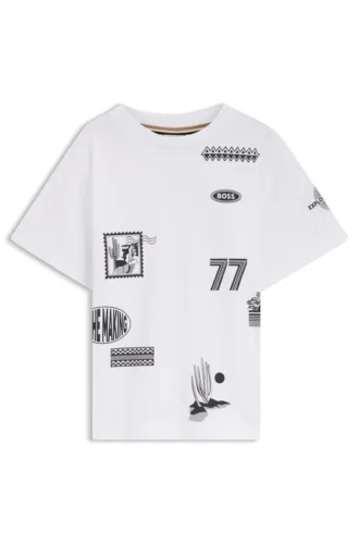 Locker sitzendes Baumwoll-T-Shirt für Kinder mit aufgedruckten Emblemen