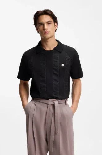Polohemd mit Johnny-Kragen und Broderie-Streifen
