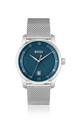 PRINCIPLE Armbanduhr mit Mesh-Armband und blau gemustertem Zifferblatt