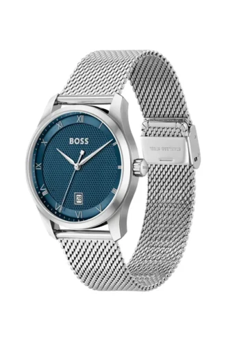 PRINCIPLE Armbanduhr mit Mesh-Armband und blau gemustertem Zifferblatt