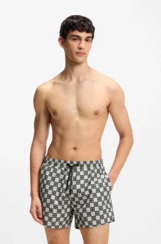 Schnelltrocknende Badeshorts mit Karomuster und gestapeltem Logo