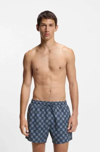Schnelltrocknende Badeshorts mit Karomuster und gestapeltem Logo