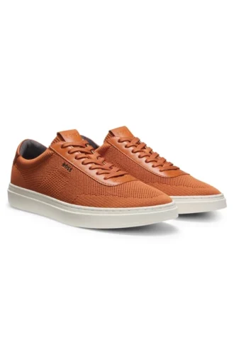 Schnür-Sneaker mit gestricktem Obermaterial und Lederbesatz
