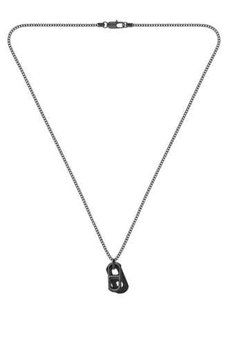 Schwarz beschichtete Halskette mit Lederanhänger und Metallgliedern