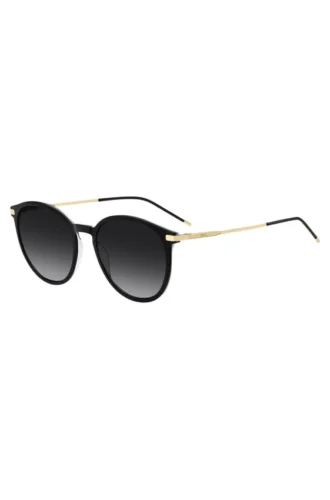 Schwarze Acetat-Sonnenbrille mit goldfarbenen Bügeln