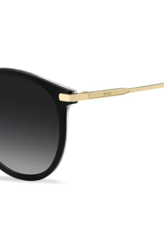 Schwarze Acetat-Sonnenbrille mit goldfarbenen Bügeln