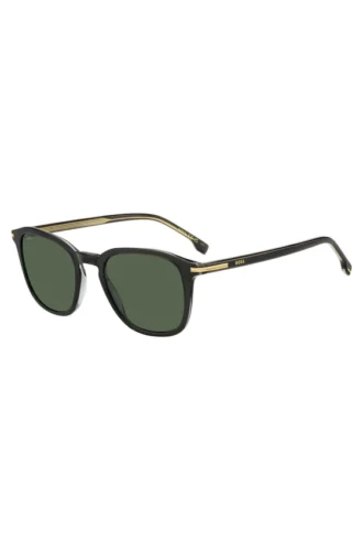 Schwarze Acetat-Sonnenbrille mit goldfarbenen Verzierungen