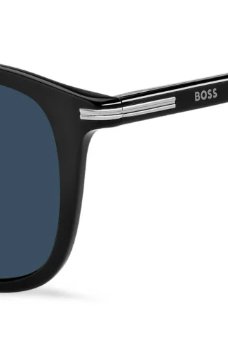 Schwarze Acetat-Sonnenbrille mit silberfarbenen Verzierungen