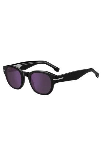 Schwarze Acetat-Sonnenbrille mit violetten Gläsern