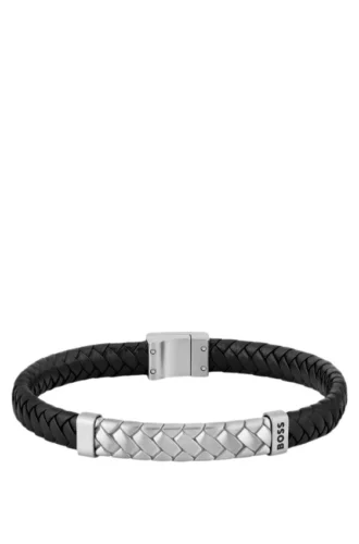 Schwarzes, geflochtenes Lederarmband mit Fischgräten-Beschlägen