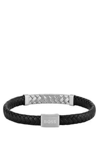Schwarzes, geflochtenes Lederarmband mit Fischgräten-Beschlägen
