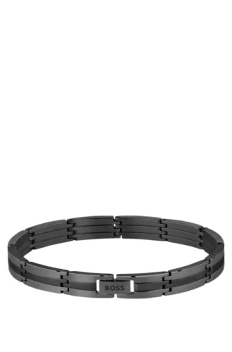 Schwarzes, gestreiftes Armband aus Edelstahl mit Logo-Verschluss