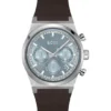 Silberfarbene Chronographenuhr mit braunem Lederarmband