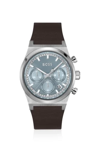 Silberfarbene Chronographenuhr mit braunem Lederarmband