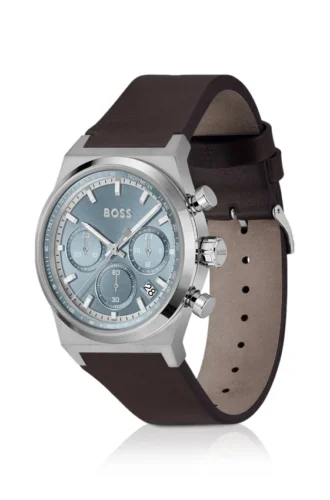 Silberfarbene Chronographenuhr mit braunem Lederarmband