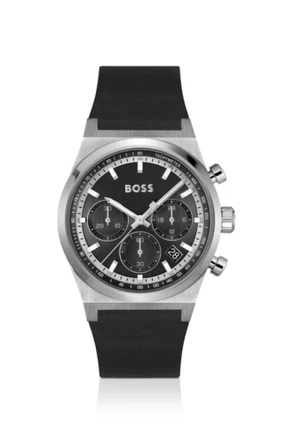 Silberfarbene Chronographenuhr mit schwarzem Lederarmband