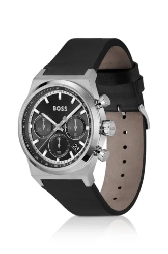 Silberfarbene Chronographenuhr mit schwarzem Lederarmband