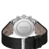 Silberfarbene Chronographenuhr mit schwarzem Lederarmband