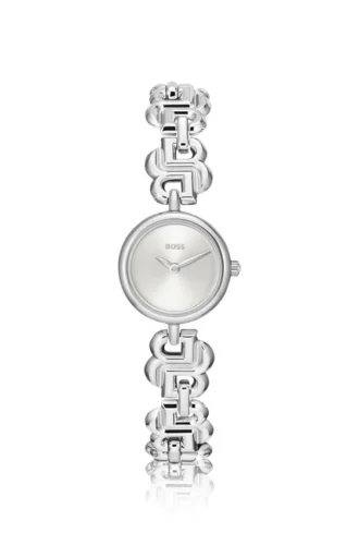 Silberfarbene Uhr mit Monogramm-Gliederarmband
