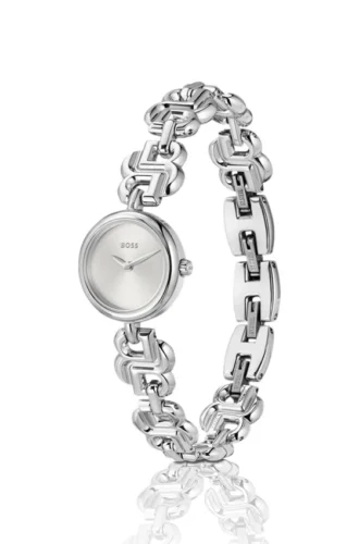 Silberfarbene Uhr mit Monogramm-Gliederarmband