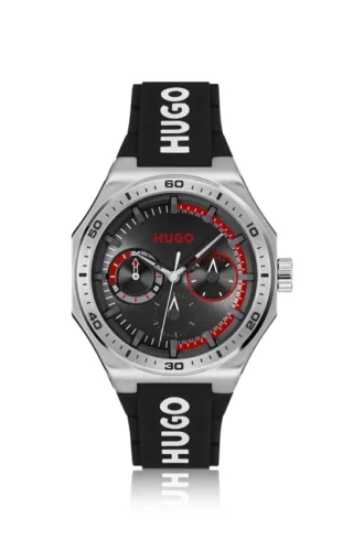 Silberfarbene Uhr mit Silikonarmband mit Logo