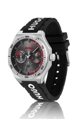 Silberfarbene Uhr mit Silikonarmband mit Logo