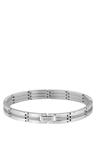 Silberfarbenes, gestreiftes Armband mit Logo-Verschluss