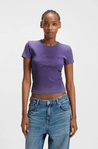 Slim-Fit-T-Shirt mit Strass-Logo aus Stretch-Baumwolle