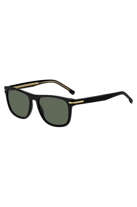 Sonnenbrille aus schwarzem Acetat mit goldfarbenen Metallbeschlägen Sonnenbrille aus schwarzem Acetat mit goldfarbenen Metallbeschlägen