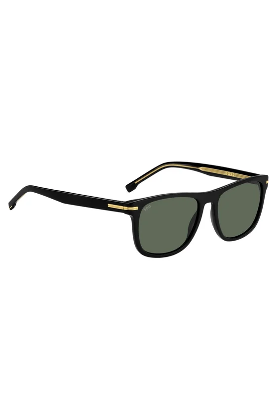 Sonnenbrille aus schwarzem Acetat mit goldfarbenen Metallbeschlägen Sonnenbrille aus schwarzem Acetat mit goldfarbenen Metallbeschlägen