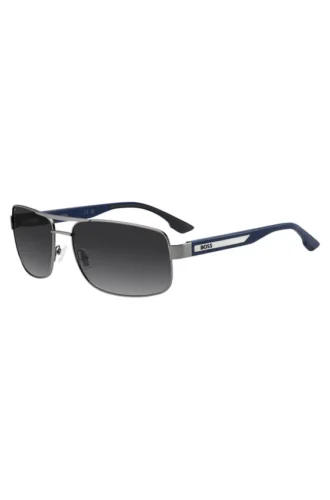 Sonnenbrille mit Doppelbrücke und blauen Bügeln